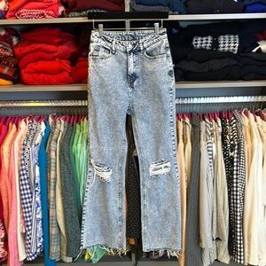 Cider acid wash 4 pocket raw hem distressed flare blue jeans size S
